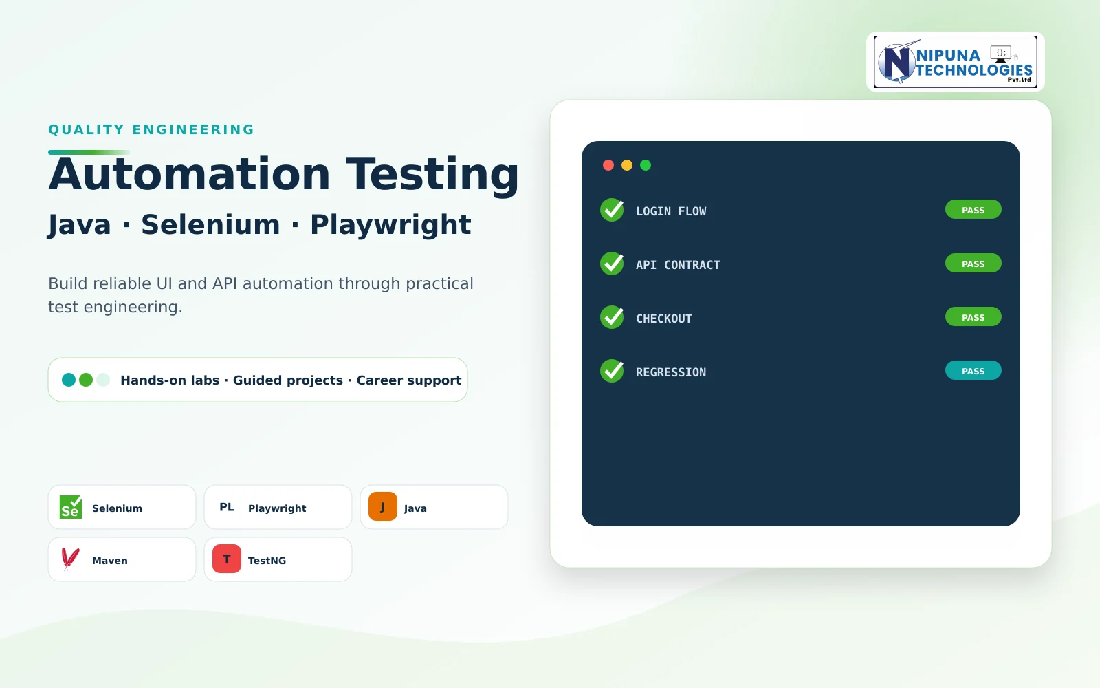 Automation Testing Course practical training visual with Java, Selenium, TestNG, Maven at Nipuna Technologies Vijayawada