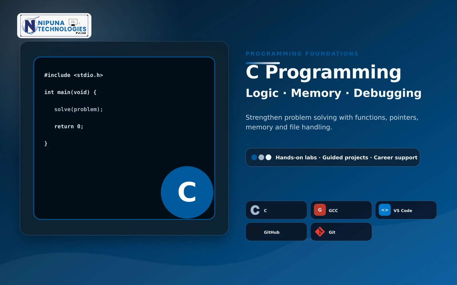 C Language Course practical training visual with C, GCC, VS Code, GDB Concepts at Nipuna Technologies Vijayawada