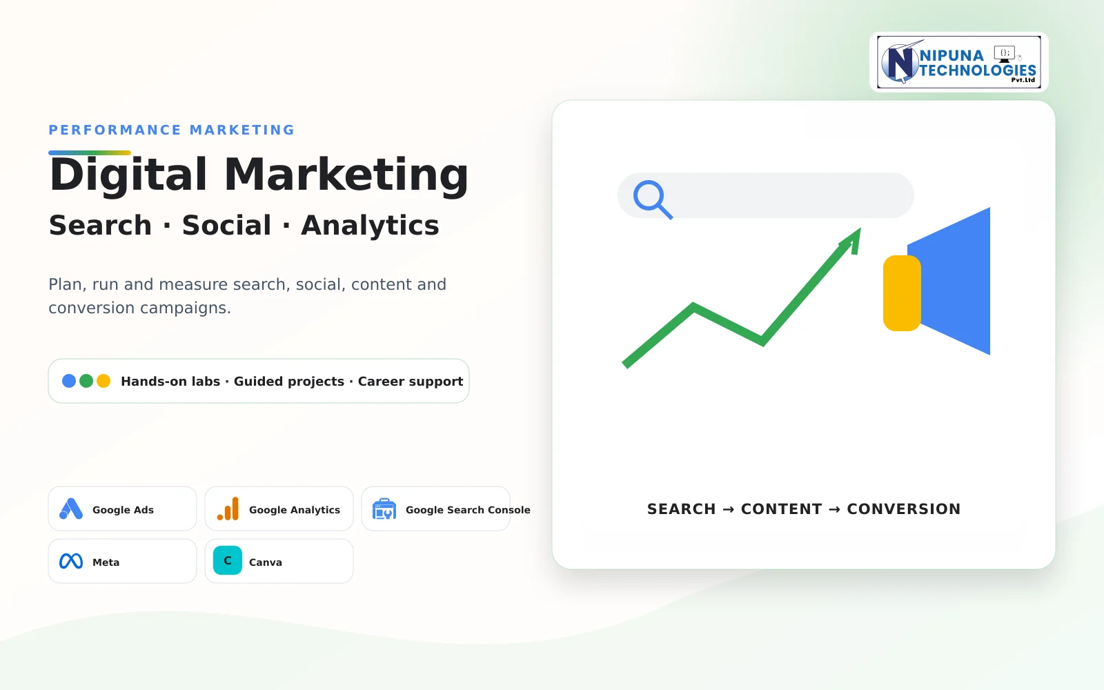 Digital Marketing Course practical training visual with SEO, Google Ads, Meta Ads, Content Marketing at Nipuna Technologies Guntur