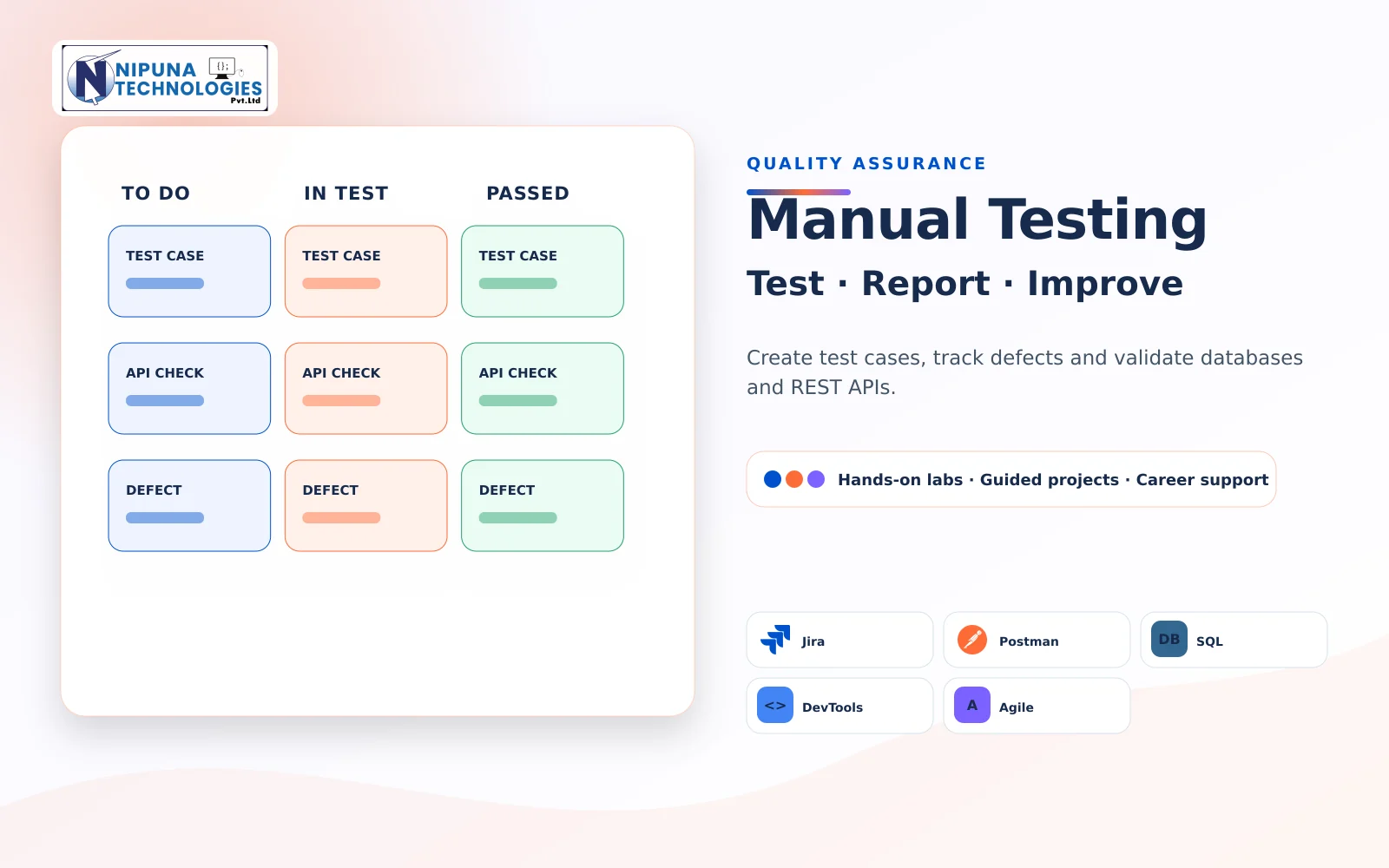 Manual Testing Course practical training visual with Jira, SQL, Postman, Browser DevTools at Nipuna Technologies Vijayawada