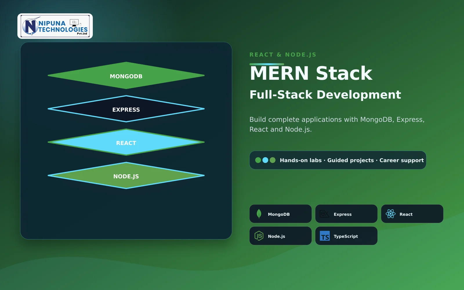 MERN Stack Course practical training visual with MongoDB, Mongoose, Express.js, React at Nipuna Technologies Vijayawada