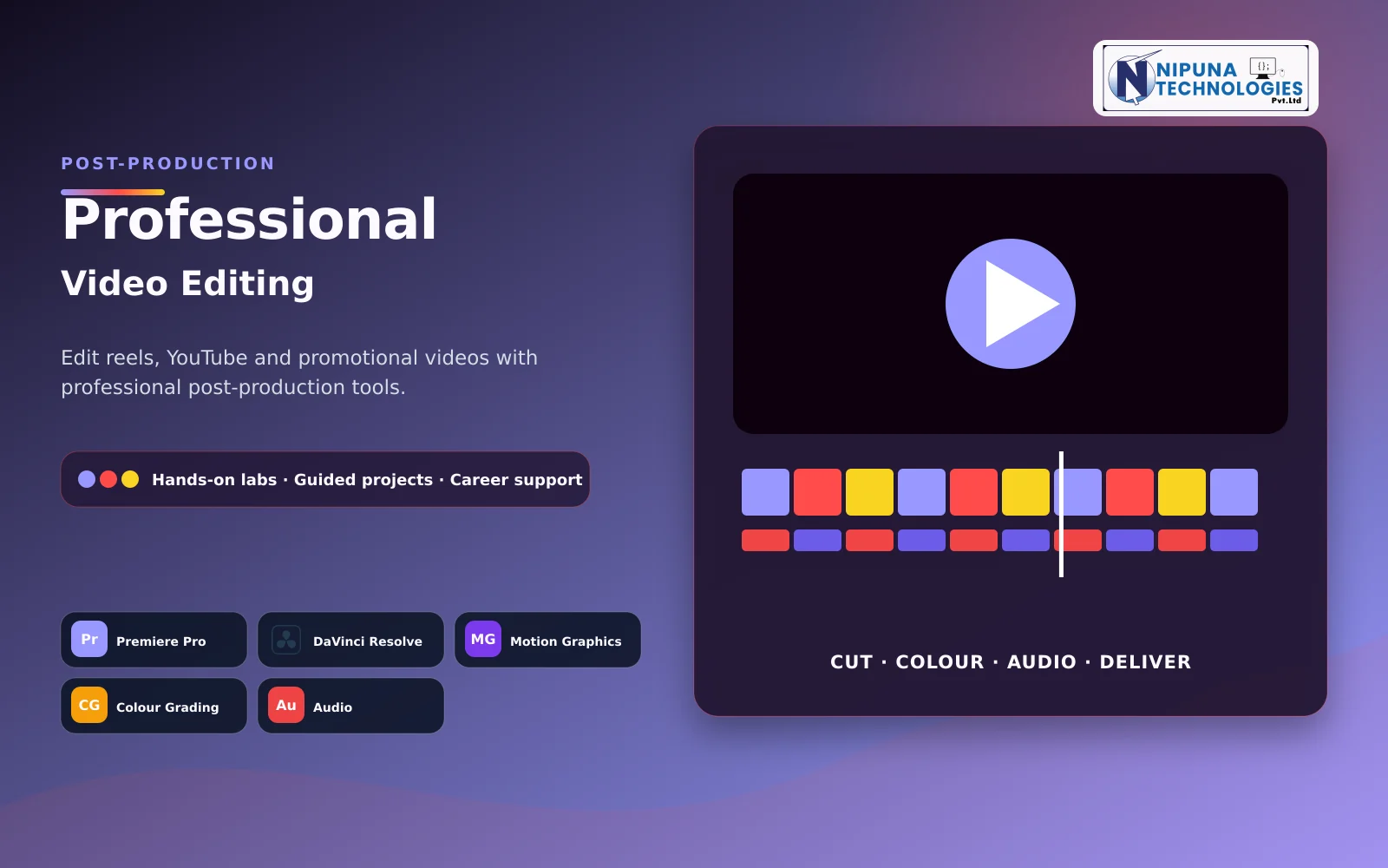 Video Editing Course practical training visual with Premiere Pro, DaVinci Resolve, Motion Graphics, Colour Grading at Nipuna Technologies Guntur