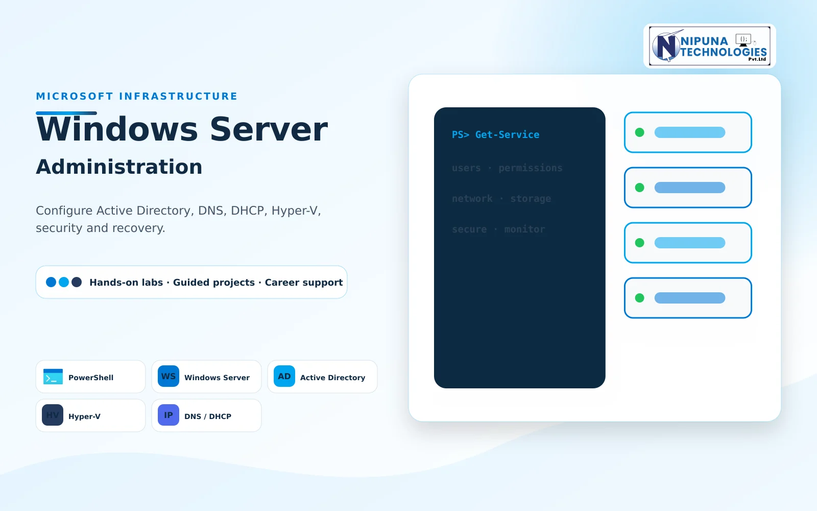 Windows Server Administration Course practical training visual with Windows Server 2025, Active Directory, Group Policy, DNS at Nipuna Technologies Vijayawada