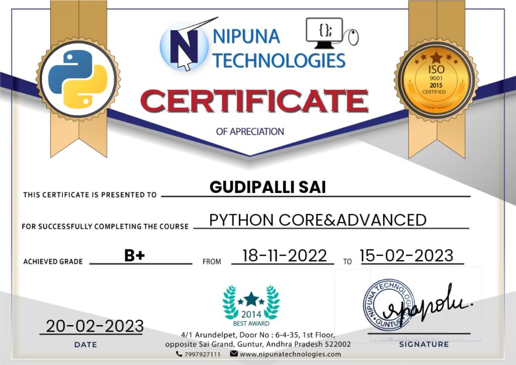 Python Core & Advanced course completion Certificate