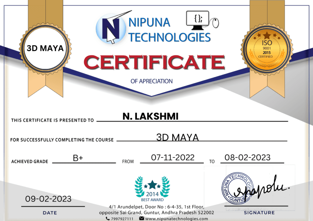3D Maya Course completion Certificate