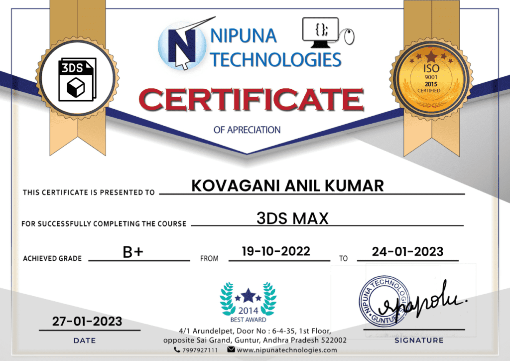 3DS Max course completion certificate