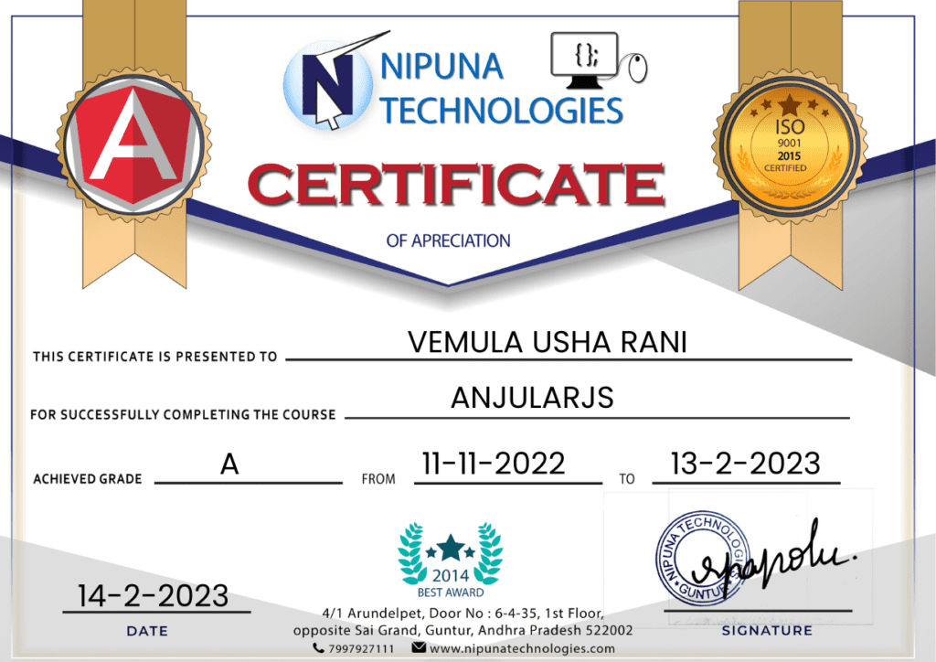 AnjularJS Course Completion Certificate