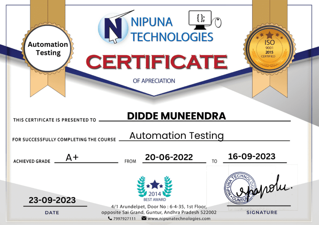 Automation Testing course compelition certificate (2)
