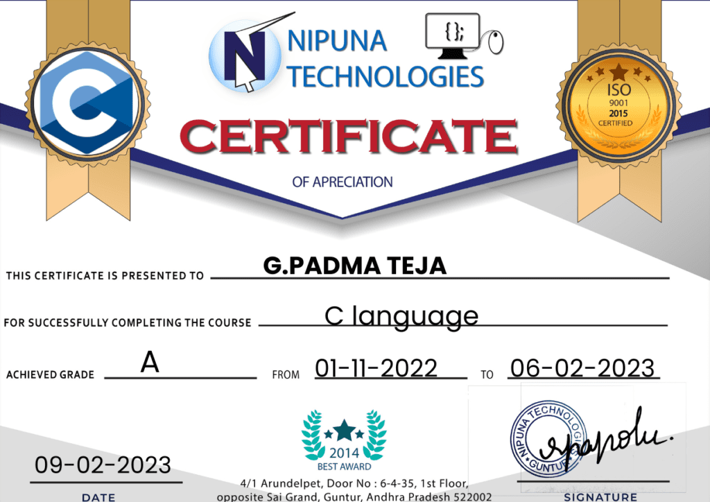 C language course completion Certificate