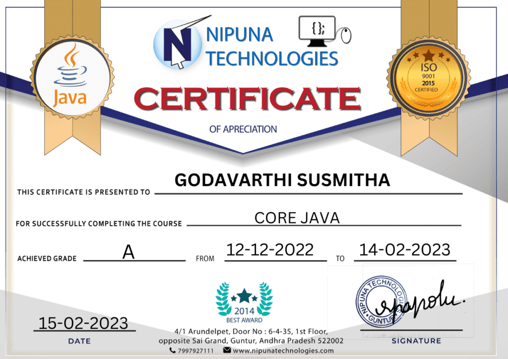 Core Java Course completion certificate
