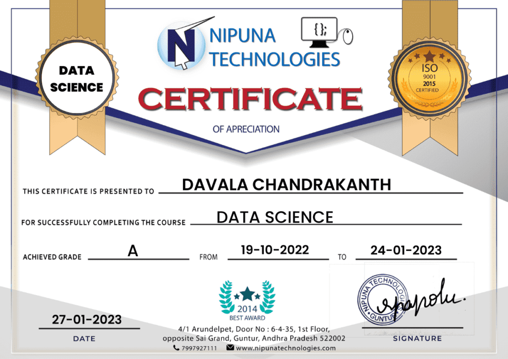 Data science course completion certificate