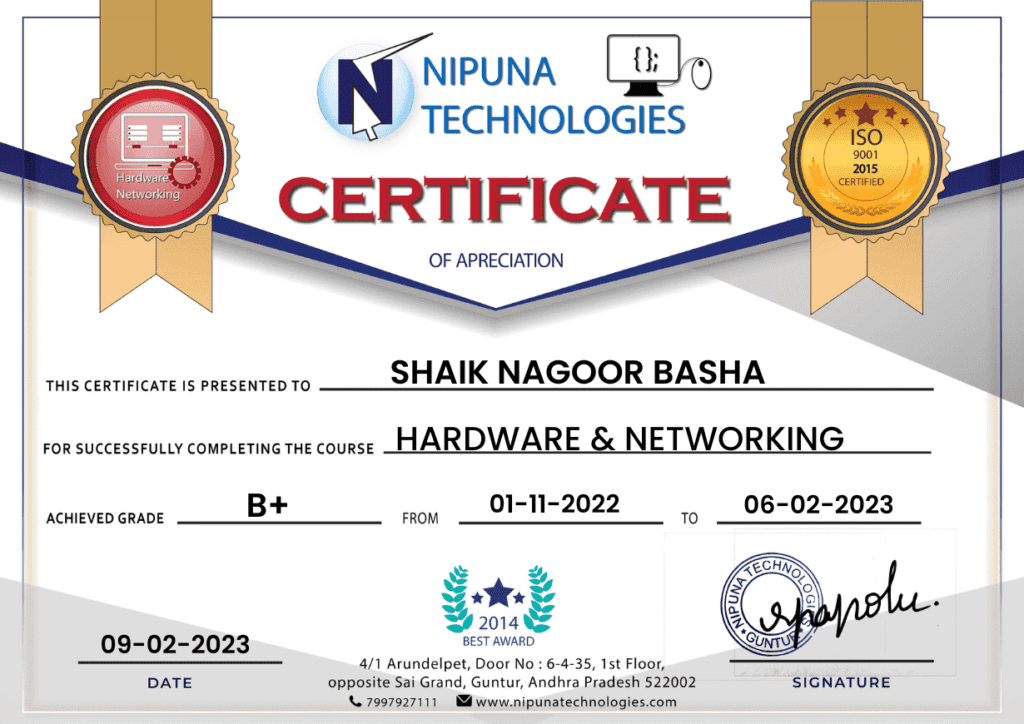 Hardware Networking course completion Certificate