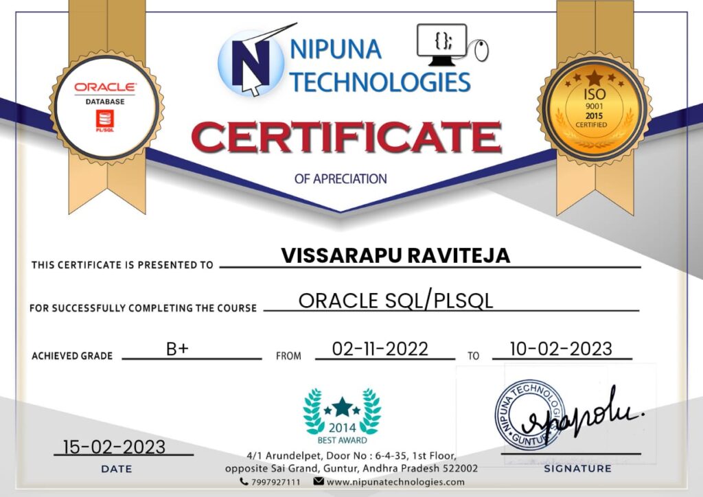 Oracle PLSQL course completion certificate