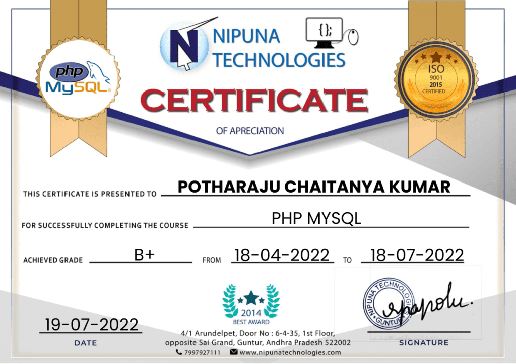 PHP MYSQL course completion certificate