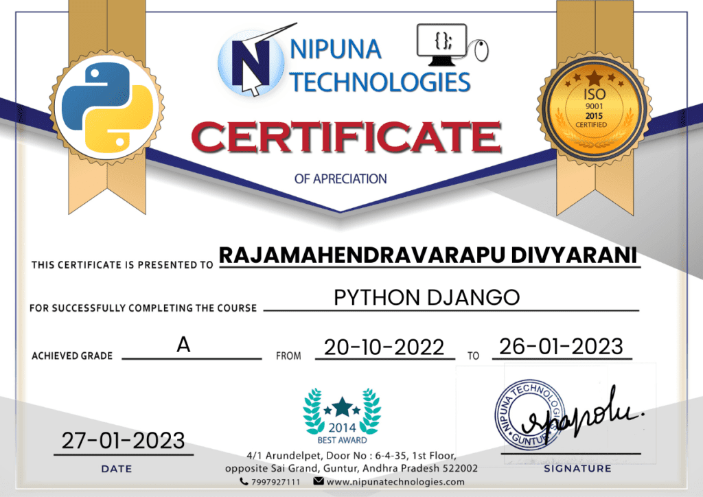 Python Django Course Completion Certificate
