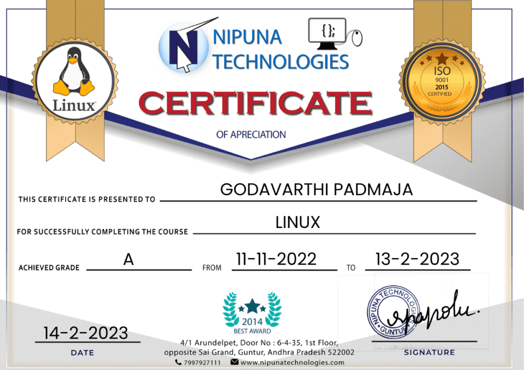 Linux Course Completion certificate