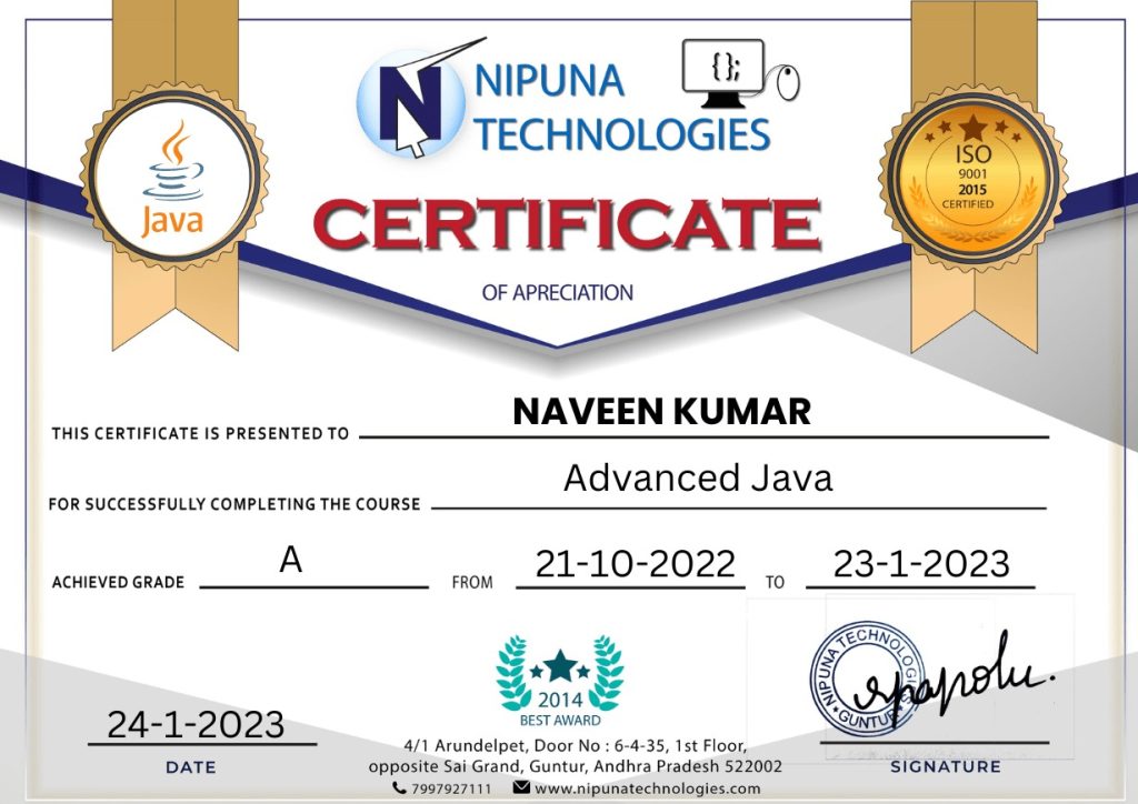 Advanced Java Course completion certificate